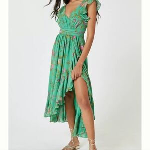 Ruffle-Sleeve Floral-Wrap Midi Dress